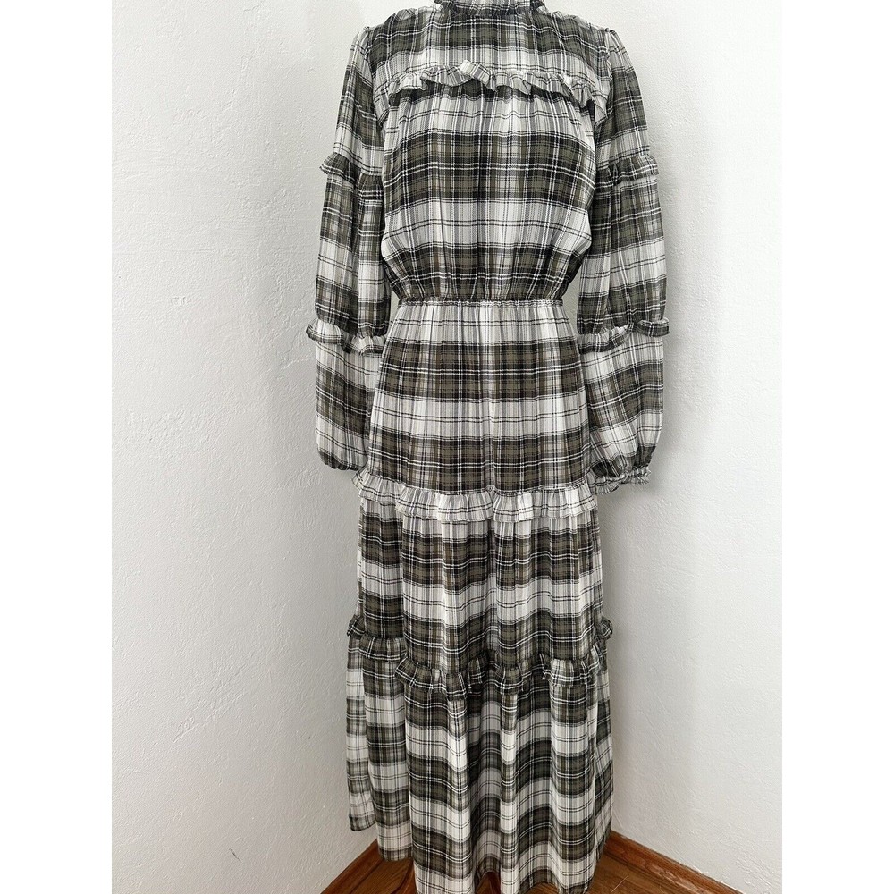 Mo:vint Dress Womens Small Green Chiffon Plaid Maxi Tiered Cottagecore Goth
